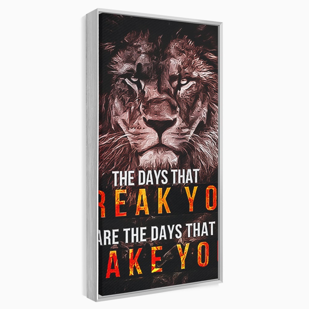 Tablou canvas cu tablou canvas cu leu si mesaj motivational, in rama de aluminiu argintiu